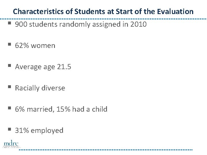 Characteristics of Students at Start of the Evaluation § 900 students randomly assigned in