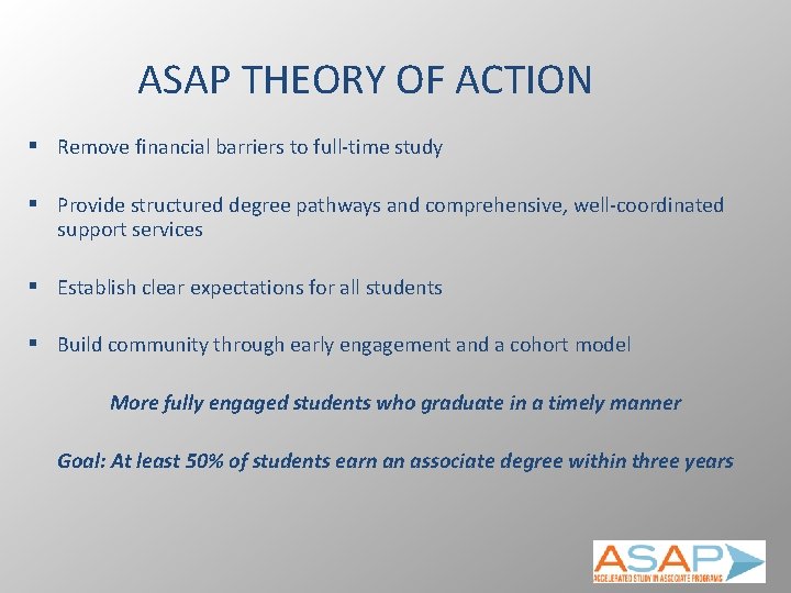 ASAP THEORY OF ACTION § Remove financial barriers to full-time study § Provide structured