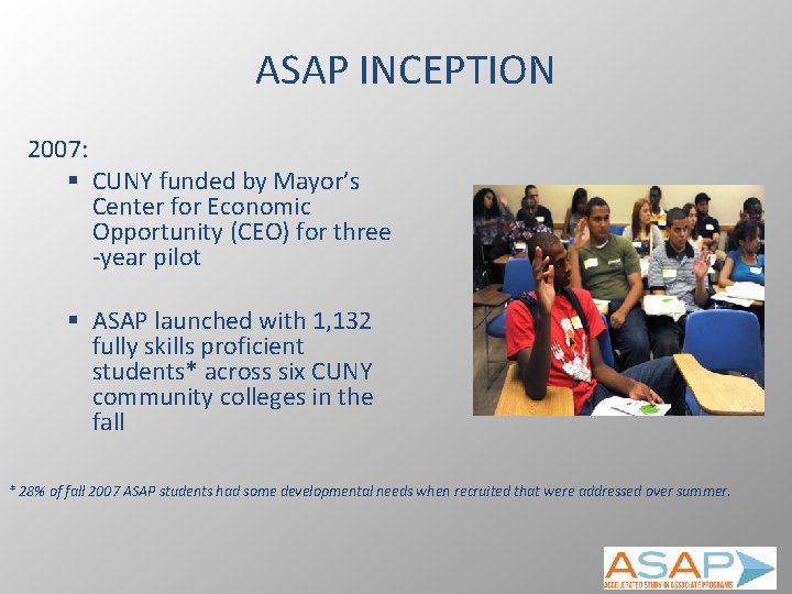 ASAP INCEPTION 2007: § CUNY funded by Mayor’s Center for Economic Opportunity (CEO) for