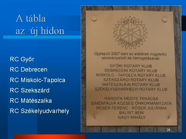 A tábla az új hídon RC Győr RC Debrecen RC Miskolc-Tapolca RC Szekszárd RC