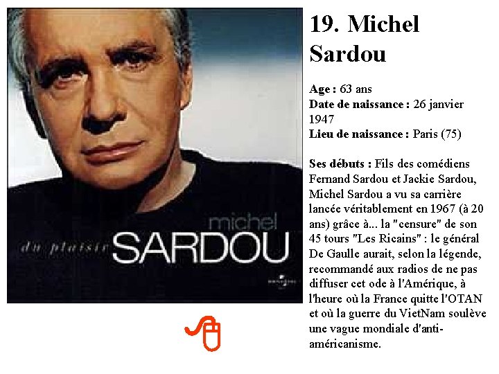 19. Michel Sardou Age : 63 ans Date de naissance : 26 janvier 1947