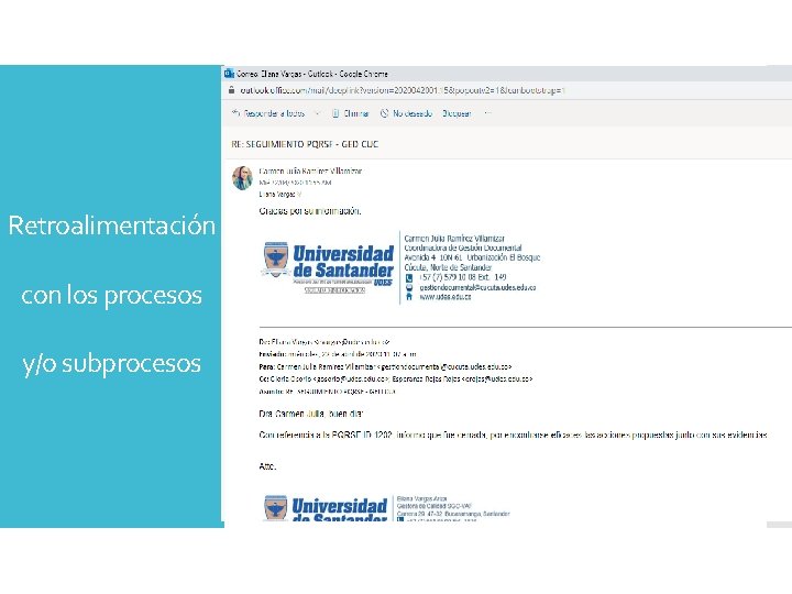 Retroalimentación con los procesos y/o subprocesos 