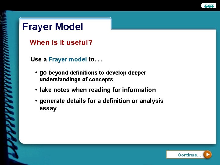 EXIT Frayer Model When is it useful? Use a Frayer model to. . .