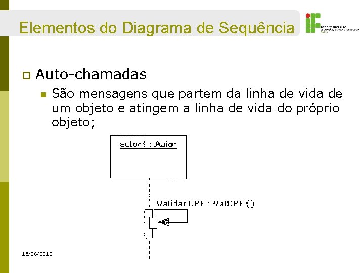 Elementos do Diagrama de Sequência p Auto-chamadas n São mensagens que partem da linha