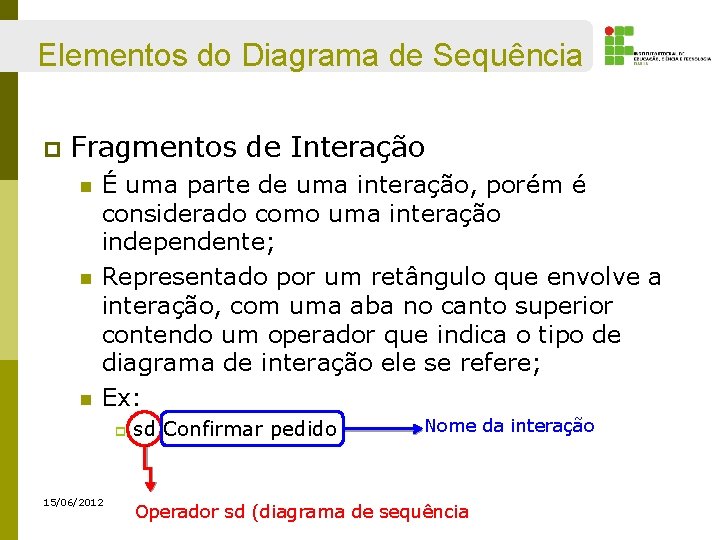 Elementos do Diagrama de Sequência p Fragmentos de Interação n n n É uma