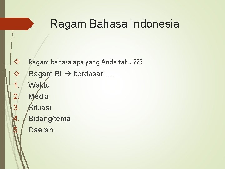 Ragam Bahasa Indonesia Ragam bahasa apa yang Anda tahu ? ? ? 1. 2.