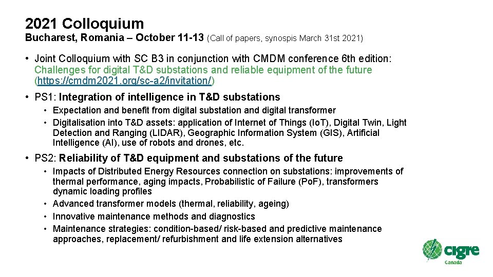 2021 Colloquium Bucharest, Romania – October 11 -13 (Call of papers, synospis March 31