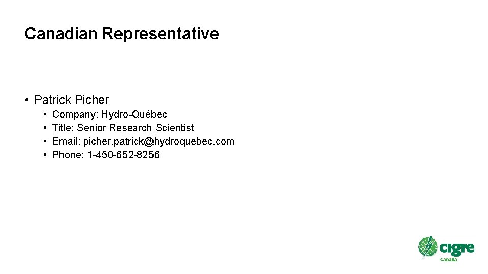 Canadian Representative • Patrick Picher • • Company: Hydro-Québec Title: Senior Research Scientist Email: