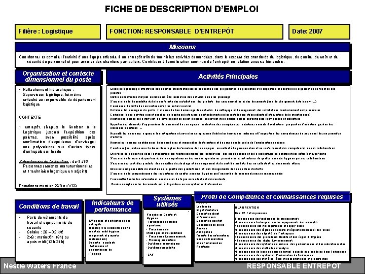 FICHE DE DESCRIPTION D’EMPLOI Filière : Logistique FONCTION: RESPONSABLE D’ENTREPÔT Date: 2007 Missions Coordonner