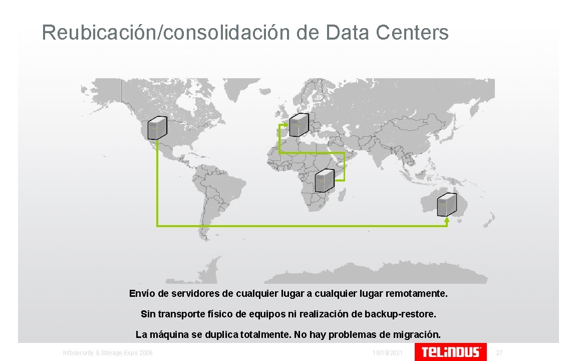 Reubicación/consolidación de Data Centers Envío de servidores de cualquier lugar a cualquier lugar remotamente.