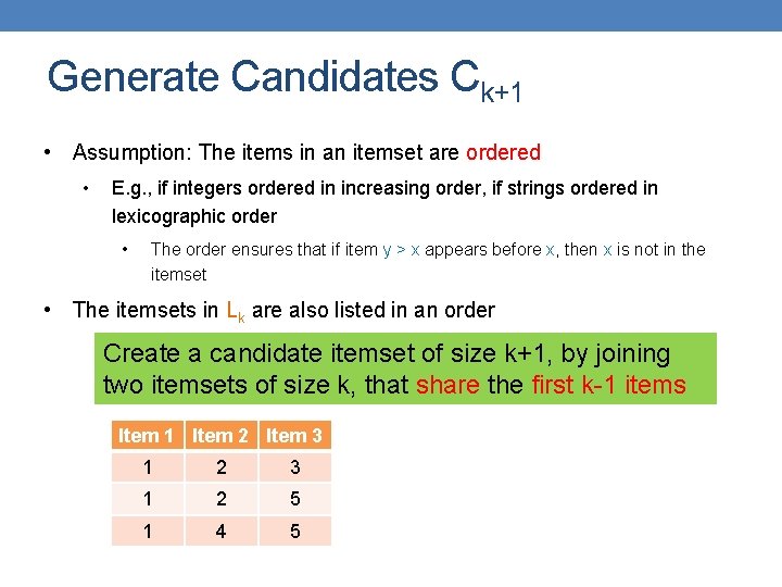 Generate Candidates Ck+1 • Assumption: The items in an itemset are ordered • E.