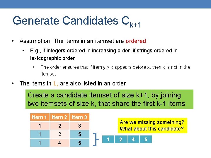 Generate Candidates Ck+1 • Assumption: The items in an itemset are ordered • E.