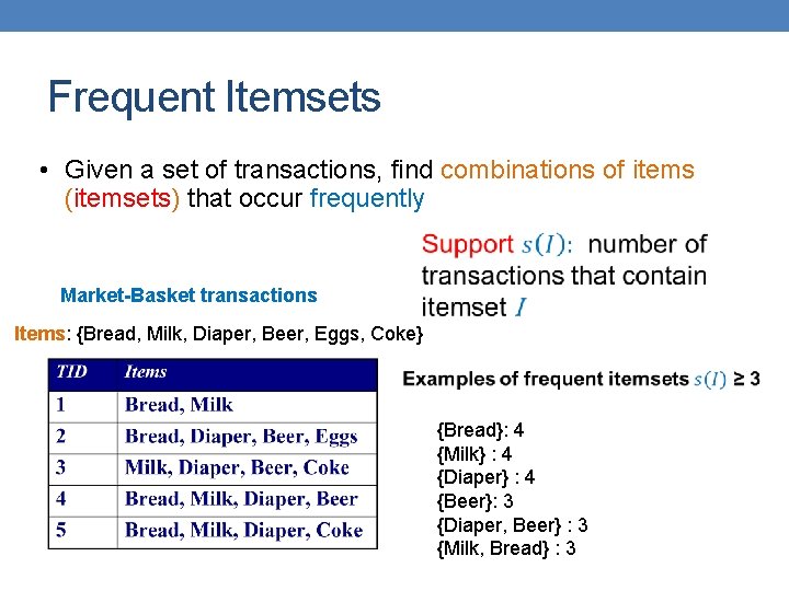 Frequent Itemsets • Given a set of transactions, find combinations of items (itemsets) that