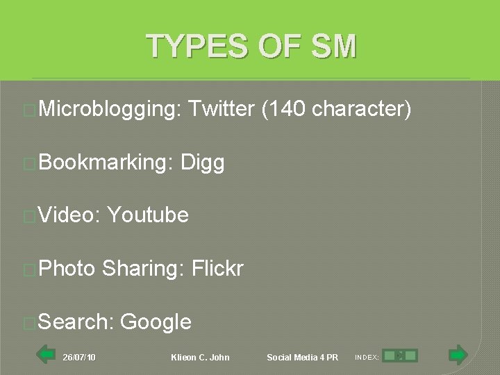 TYPES OF SM �Microblogging: �Bookmarking: �Video: �Photo Digg Youtube Sharing: Flickr �Search: 26/07/10 Twitter