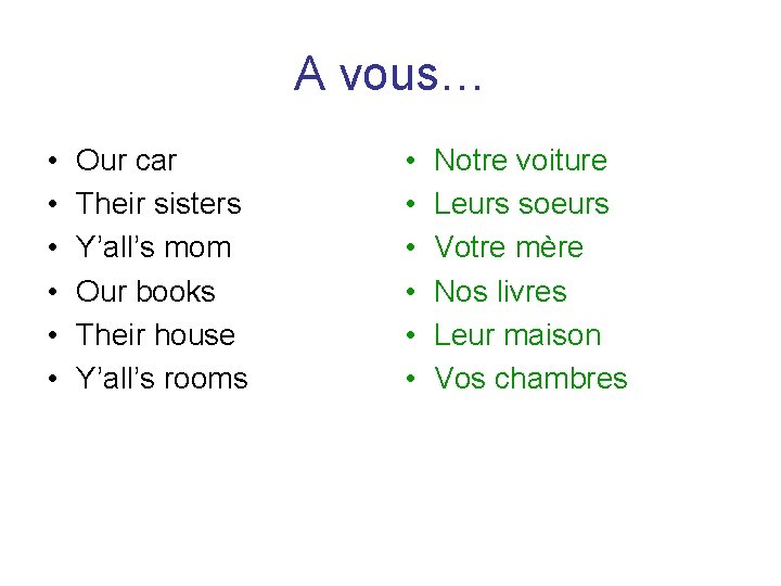 A vous… • • • Our car Their sisters Y’all’s mom Our books Their