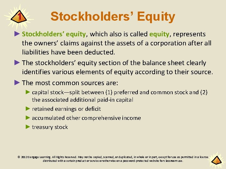 1 Stockholders’ Equity ► Stockholders’ equity, which also is called equity, represents the owners’