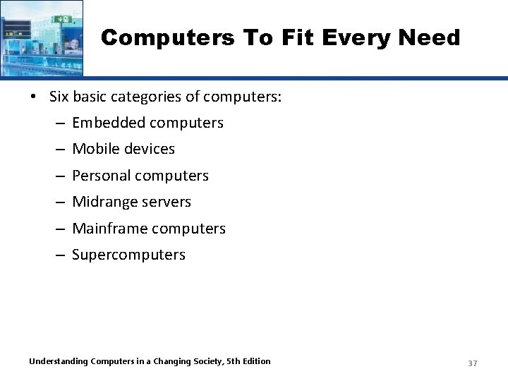 Computers To Fit Every Need • Six basic categories of computers: – Embedded computers