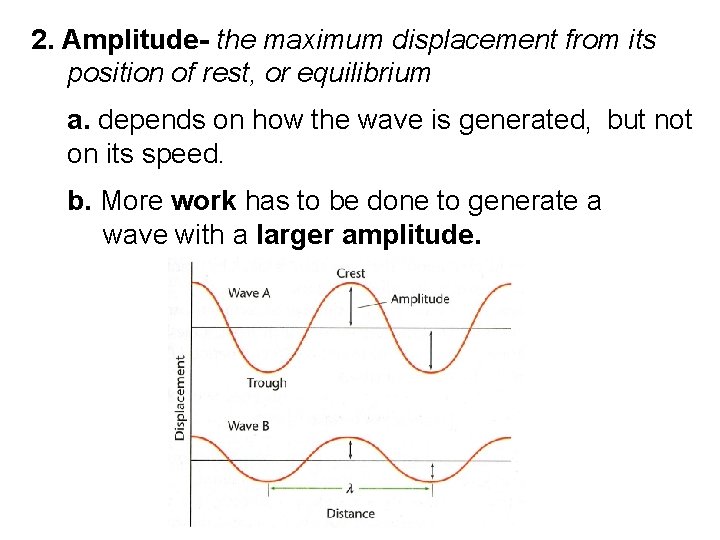 2. Amplitude- the maximum displacement from its position of rest, or equilibrium a. depends