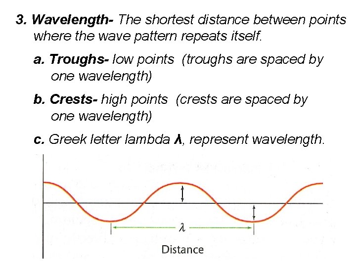 3. Wavelength- The shortest distance between points where the wave pattern repeats itself. a.