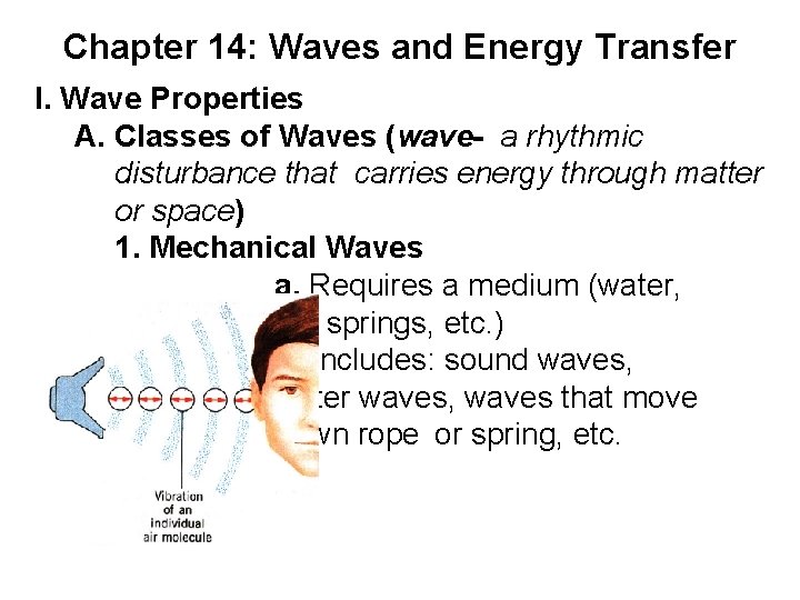 Chapter 14: Waves and Energy Transfer I. Wave Properties A. Classes of Waves (wave-