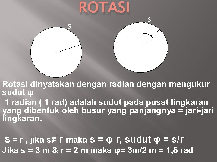s r ROTASI s φ r Rotasi dinyatakan dengan radian dengan mengukur sudut φ