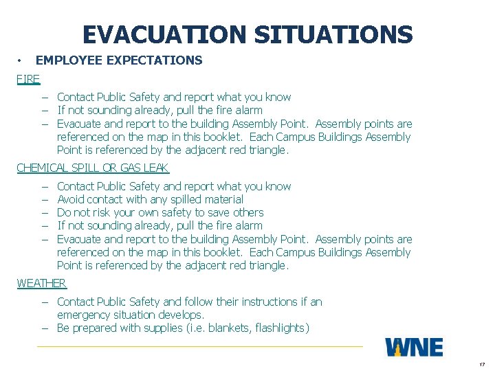 EVACUATION SITUATIONS • EMPLOYEE EXPECTATIONS FIRE – Contact Public Safety and report what you