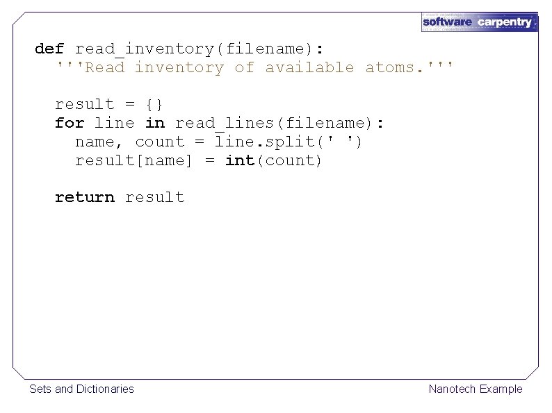 def read_inventory(filename): '''Read inventory of available atoms. ''' result = {} for line in