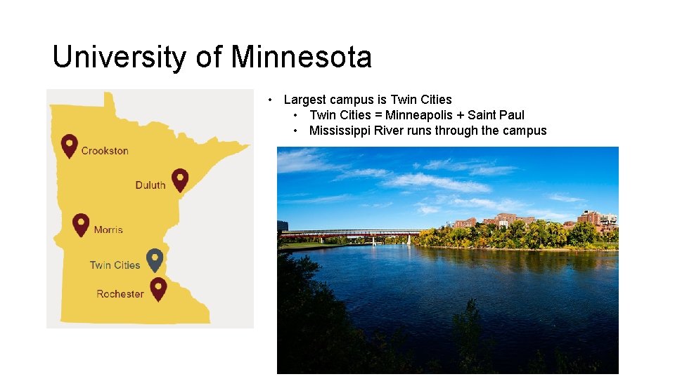 University of Minnesota • Largest campus is Twin Cities • Twin Cities = Minneapolis