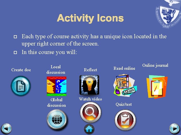 Activity Icons Each type of course activity has a unique icon located in the