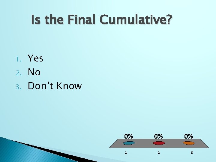 Is the Final Cumulative? 1. 2. 3. Yes No Don’t Know 