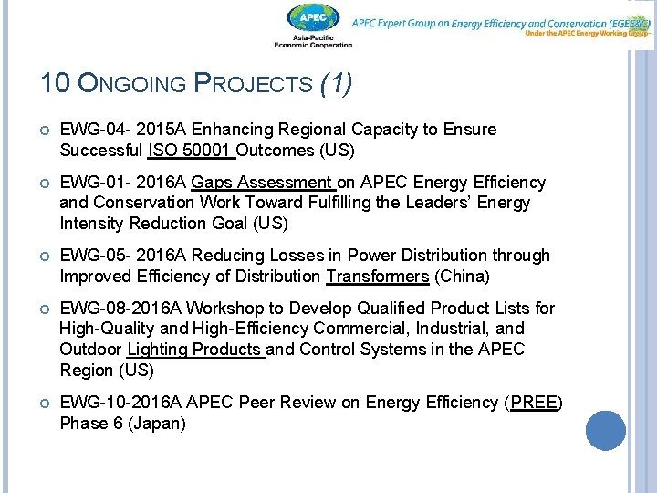 10 ONGOING PROJECTS (1) EWG-04 - 2015 A Enhancing Regional Capacity to Ensure Successful