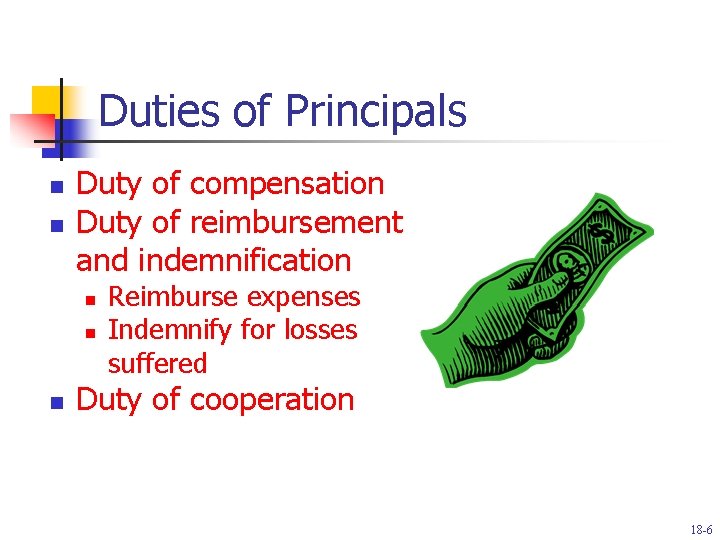 Duties of Principals n n Duty of compensation Duty of reimbursement and indemnification n