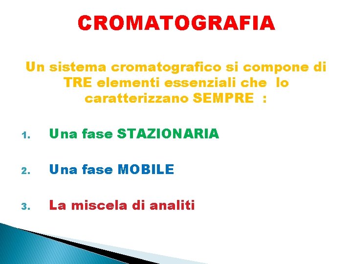 CROMATOGRAFIA Un sistema cromatografico si compone di TRE elementi essenziali che lo caratterizzano SEMPRE