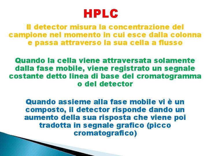 HPLC Il detector misura la concentrazione del campione nel momento in cui esce dalla