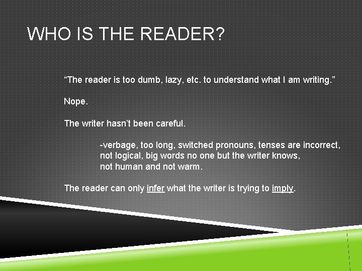 WHO IS THE READER? “The reader is too dumb, lazy, etc. to understand what