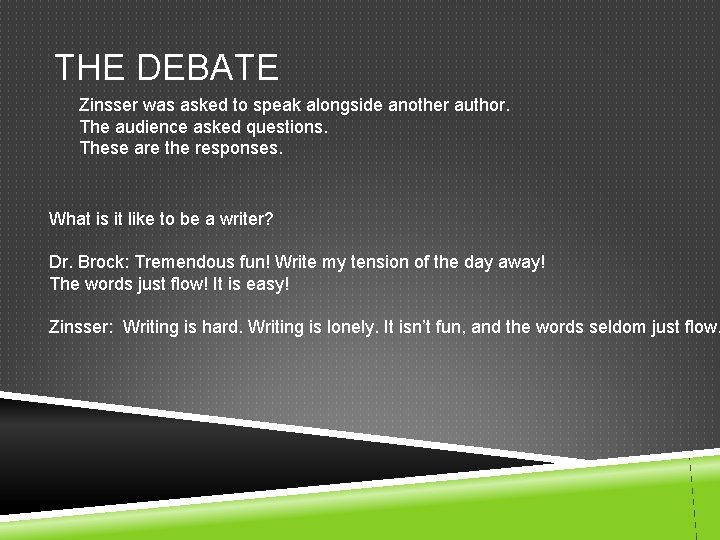 THE DEBATE Zinsser was asked to speak alongside another author. The audience asked questions.