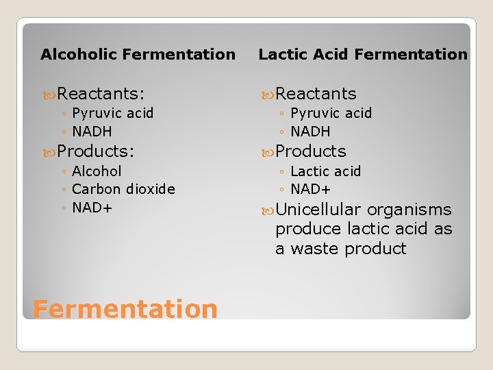 Alcoholic Fermentation Lactic Acid Fermentation Reactants: ◦ Pyruvic acid ◦ NADH Reactants ◦ Pyruvic