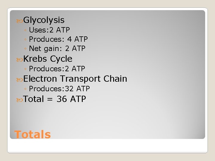  Glycolysis ◦ Uses: 2 ATP ◦ Produces: 4 ATP ◦ Net gain: 2