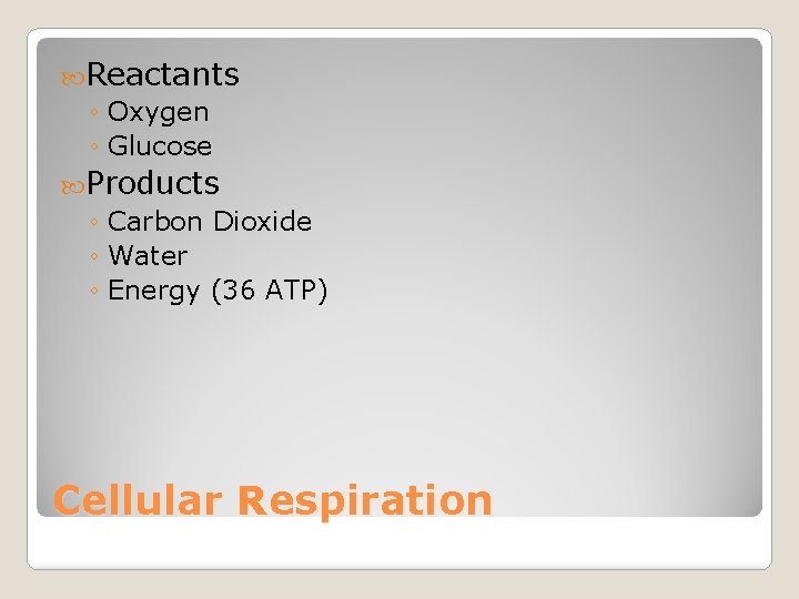  Reactants ◦ Oxygen ◦ Glucose Products ◦ Carbon Dioxide ◦ Water ◦ Energy