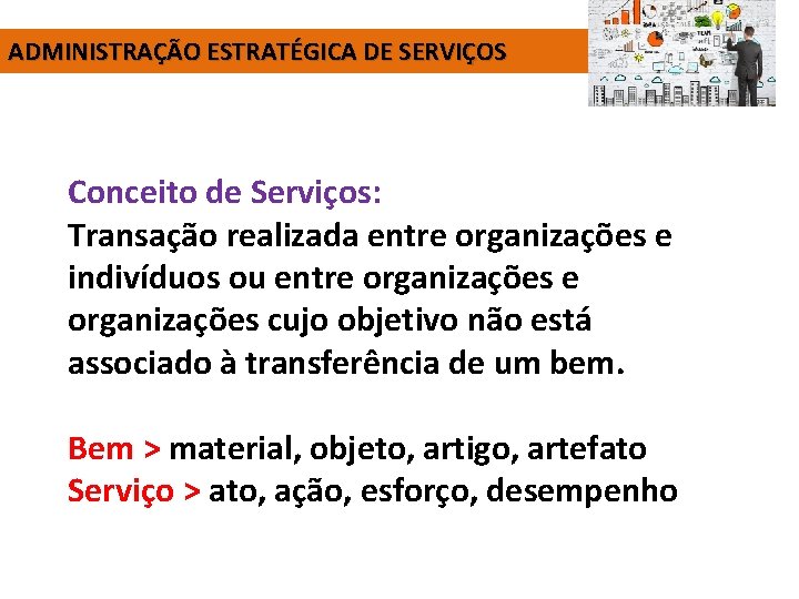 ADMINISTRAÇÃO ESTRATÉGICA DE SERVIÇOS Conceito de Serviços: Transação realizada entre organizações e indivíduos ou