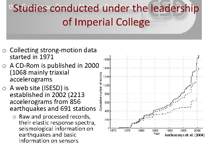 Studies conducted under the leadership of Imperial College o Collecting strong-motion data started in