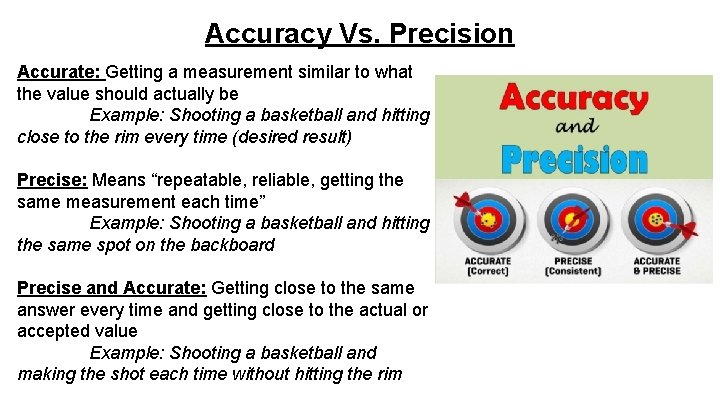 Accuracy Vs. Precision Accurate: Getting a measurement similar to what the value should actually