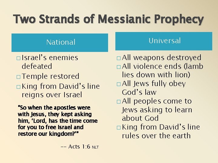Two Strands of Messianic Prophecy Universal National � Israel’s enemies defeated � Temple restored Two Strands of Messianic Prophecy Universal National � Israel’s enemies defeated � Temple restored