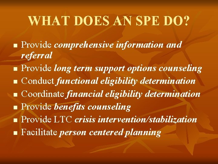 WHAT DOES AN SPE DO? n n n n Provide comprehensive information and referral