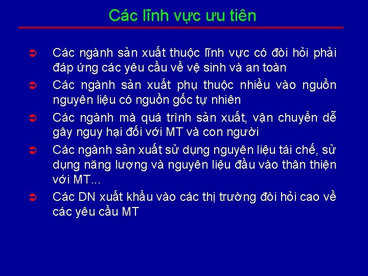 Các lĩnh vực ưu tiên Ü Ü Ü Các ngành sản xuất thuộc lĩnh