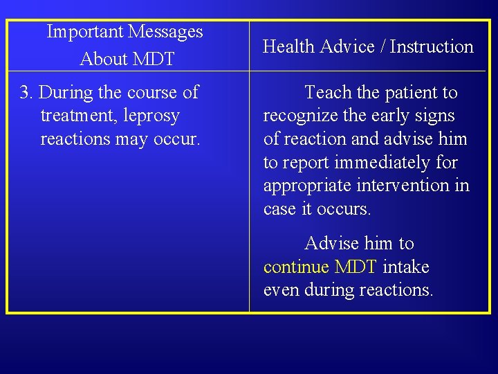 Important Messages About MDT 3. During the course of treatment, leprosy reactions may occur.
