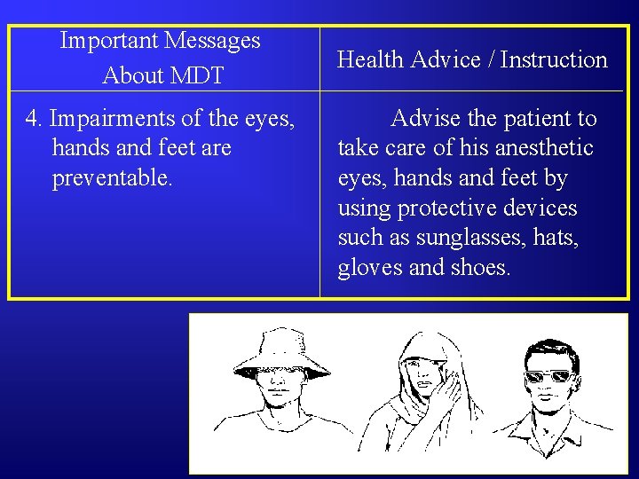 Important Messages About MDT 4. Impairments of the eyes, hands and feet are preventable.