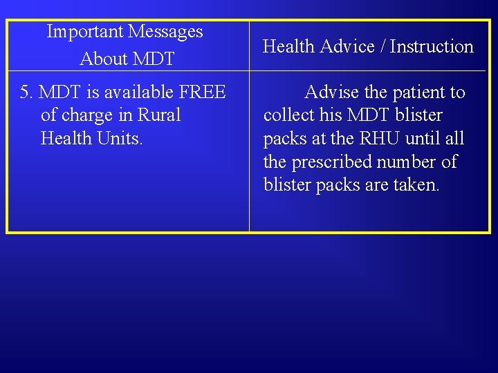Important Messages About MDT 5. MDT is available FREE of charge in Rural Health