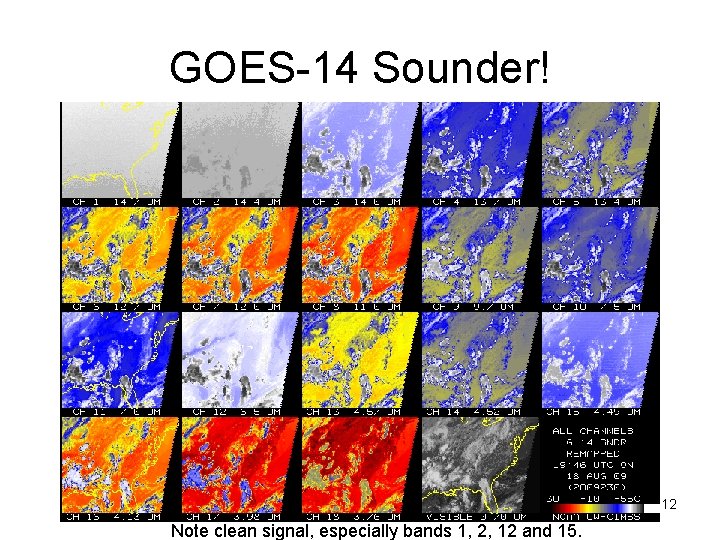 GOES-14 Sounder! 12 Note clean signal, especially bands 1, 2, 12 and 15. 