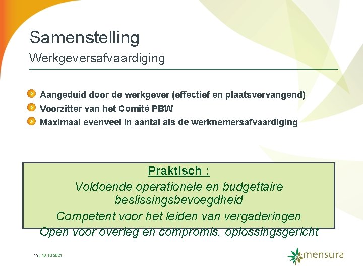 Samenstelling Werkgeversafvaardiging Aangeduid door de werkgever (effectief en plaatsvervangend) Voorzitter van het Comité PBW